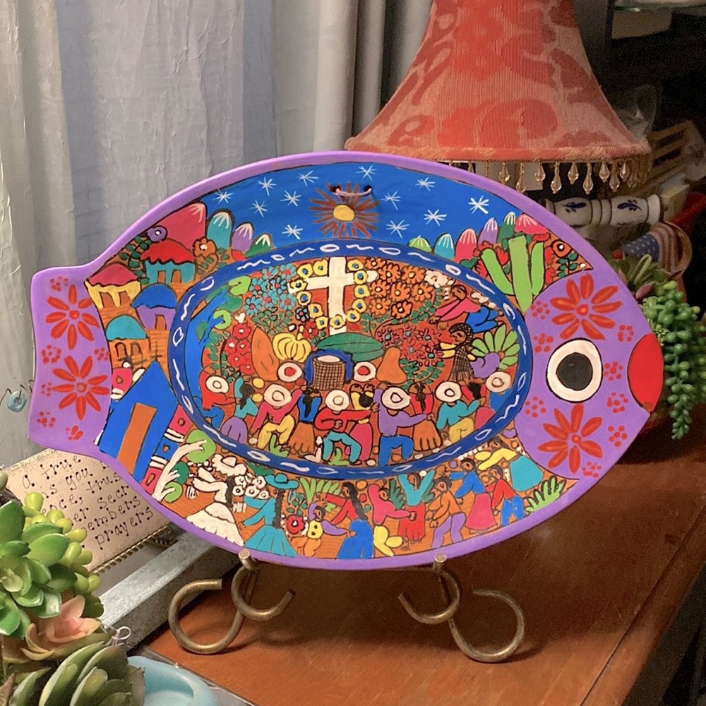 VTG MESOAMERICAIN /Folk Art  hand painted terra-cotta plate